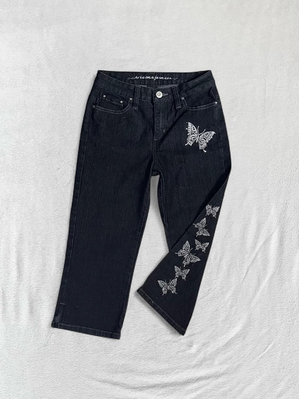 Arizona Y2K Black Silver Bling Butterfly Glitter Capri 3/4 Jeans, Girls 12 Slim